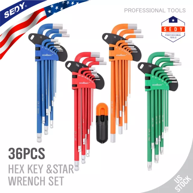 37 Pc Hex Key Allen Wrench Set Ball End Long Arm SAE Metric Star Color L Wrench