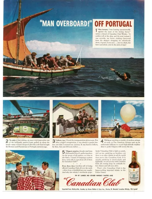 1946 Canadian Club Whisky Portugal Fishing Barco Man Overboard Vintage Print Ad