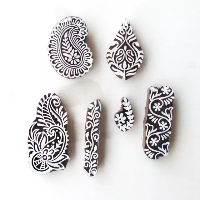 Lot Of 6 Pcs Indian Wooden Textile Stamps Hand Carved Printing Block Brown Stamp