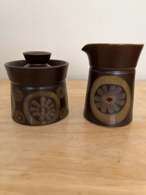 Vintage Denby Pottery Brown Sugar Bowl/Lid & Creamer Made in England
