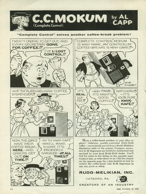 Al Capp C C Mokum for Rudd-Melikian Kwik-Kafe Coffee Vending Machines ad 1955