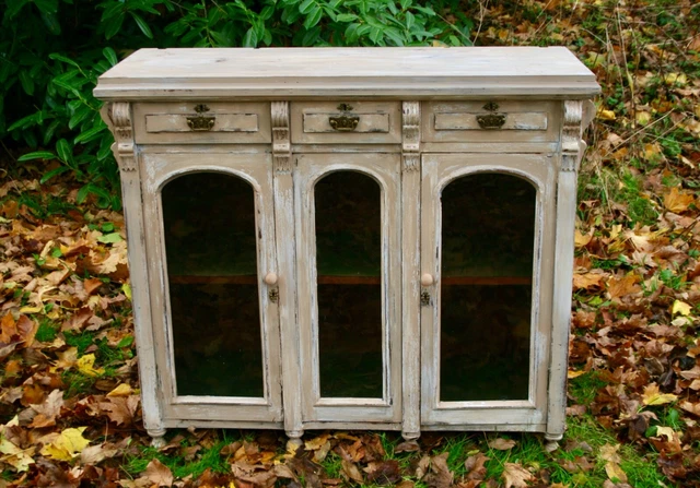 Antique Distressed Painted Mahogany Triple Glazed Two Door Cabinet Three Drawers
