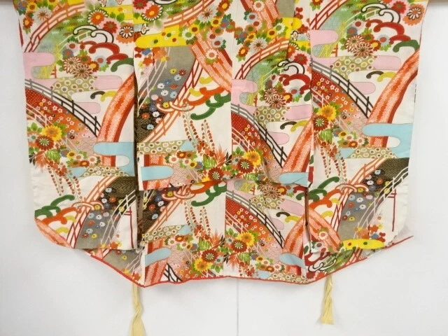 39556# Japanese Kimono / Antique Kimono For Girls / Floral Plants & Bridge