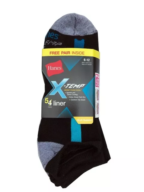 Hanes® X-TEMP Men's Black No Show Socks 5-Pack size 6-12   "Arch Support & COOL"