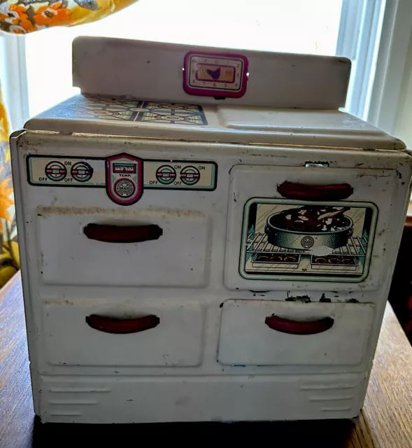 Vintage Pretty Maid Rolled Steel Litho Enamel Play Stove + Bonus Pots/Pans