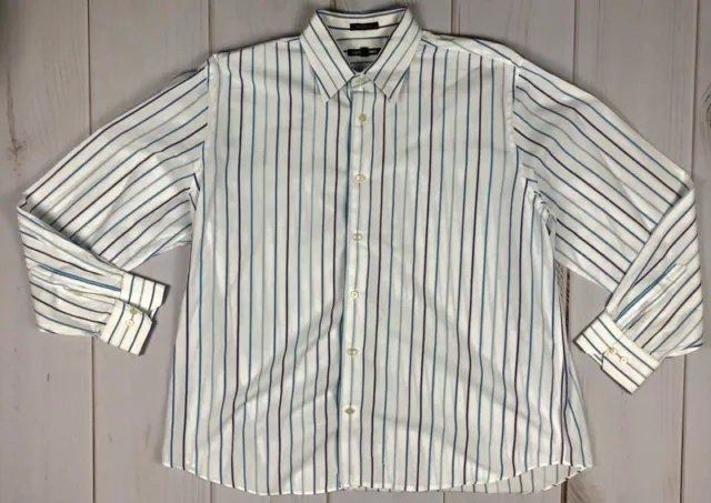 Express 1MX Mens Dress Shirt White Blue Stripe Modern Fit Stretch Long Sleeve XL