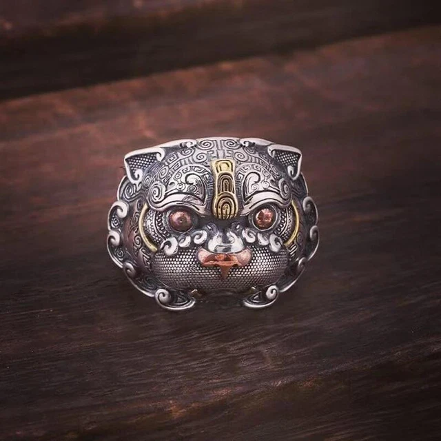 Size 7-13 Monster Nian Ring Domineering Retro Mascot Fashion 925 Silver Man's
