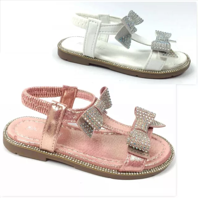 SCARPE BAMBINA BAMBINE SANDALI ESTIVI ELASTICO STRASS Fiocco Rosa Bianco