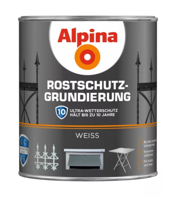 Alpina 2 Liter Rostschutz Grundierung Eisen Stahl Heizkörper Rost Weiss B-WARE