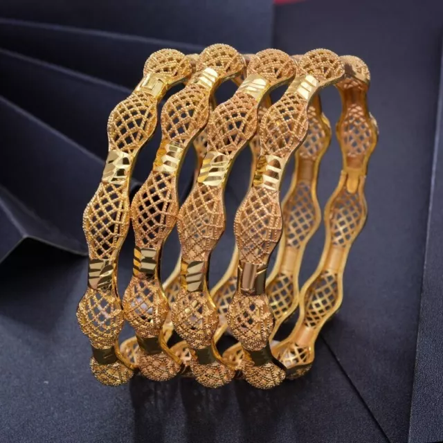 1Gold Bangle Handmade 24K Gold Plt Dubai Indian Design Open Bracelet Safety Lock