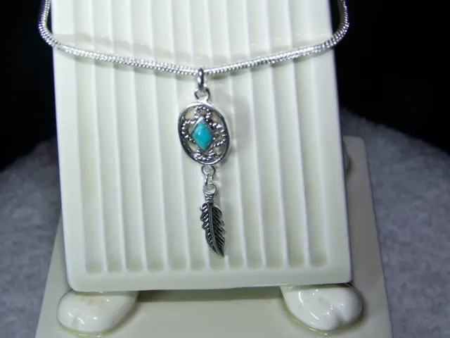 Sterling Silver Concho w/ feather & Turquoise necklace, 16-30 inch.