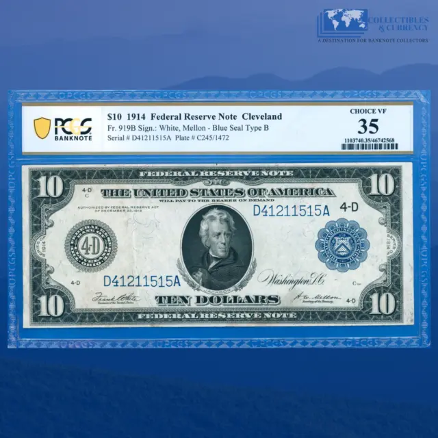 Fr.919b 1914 $10 Ten Dollars Federal Reserve Note Cleveland, PCGS 35 #11515