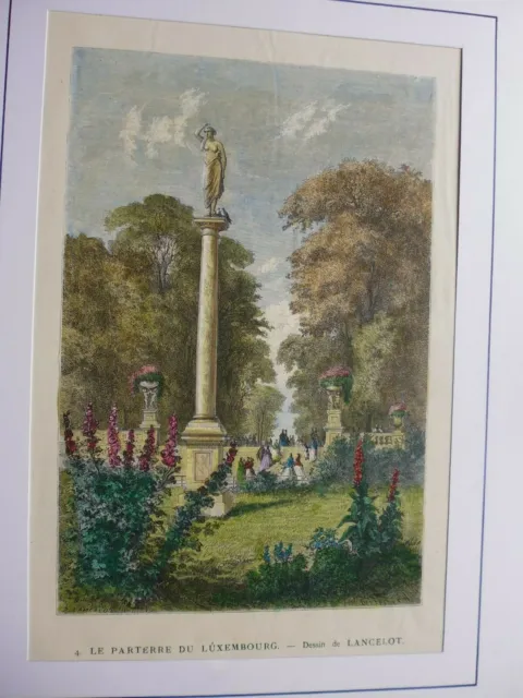 Gravure couleur 19°:Paris: le parterre du Luxembourg (jardin) dessin de Lancelot