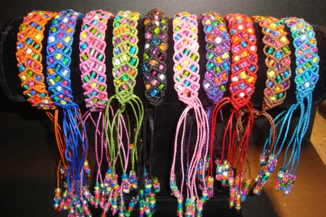 Lot of 10 Peruvian Handmade,Triple Beaded Slipknot Friendship Bracelets~B~UK