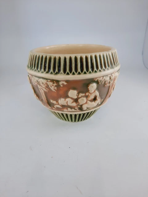 ANTIQUE ROSEVILLE POTTERY Donatello Jardiniere Cherubs Green White