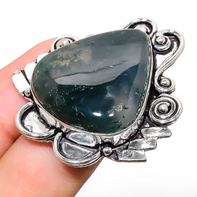 Indian Moss Agate Gemstone Handmade 925 Sterling Silver Jewelry Ring Size 8