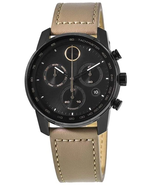 New Movado Bold Verso Black Dial Leather Strap Men's Watch 3600738