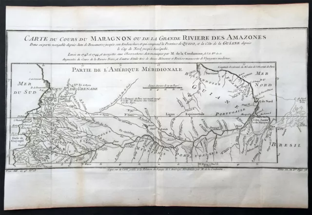 1750 Bellin & Condamine Antique Map of the Amazon River South America, 1743-44