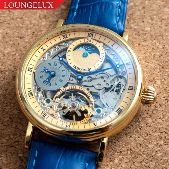 Mens Gold Dual Time Skeleton Automatic Mechanical Watch Blue Leather