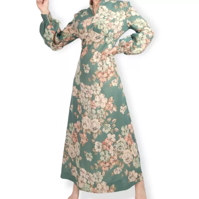 Vintage 70s Sage Green Floral Prarie Dress Ladies Cottage Balloon Sleeve Hippy