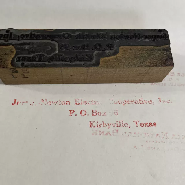 Vintage Printing Block Jasper Newton Electric Cooperative Kirbyville TX