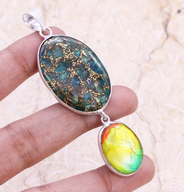 Copper Malachite 925 Silver Plated Handmade Pendant of 3" Ethnic