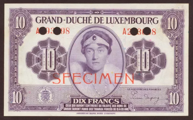 Luxemburg / Luxembourg P.44s1 10 Francs (1944) Specimen (1) UNC