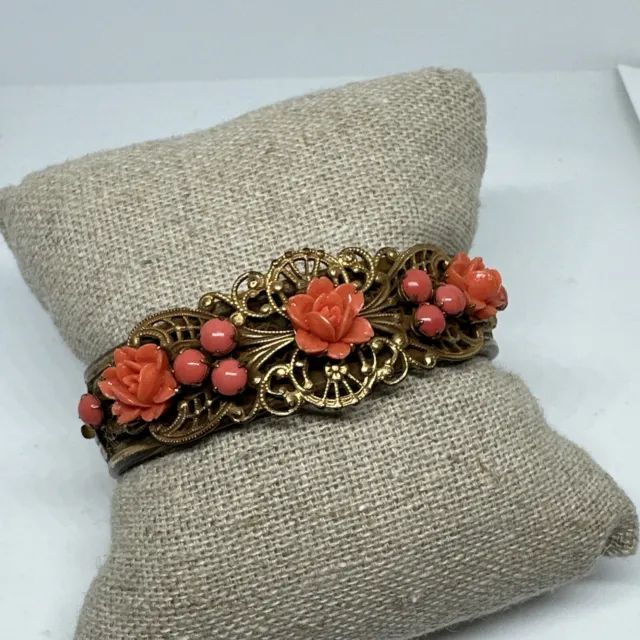 Vintage Art Nouveau Coral Celluloid Bead Flowers Filigree Brass Bangle Bracelet