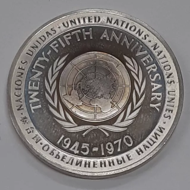 1970 United Nations 25th Anniv Sterling Silver Medal by Franklin Mint  English