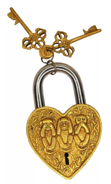 3 Monkeys Design Heart Shape Lock Antique Victorian Style Handmade Brass Padlock