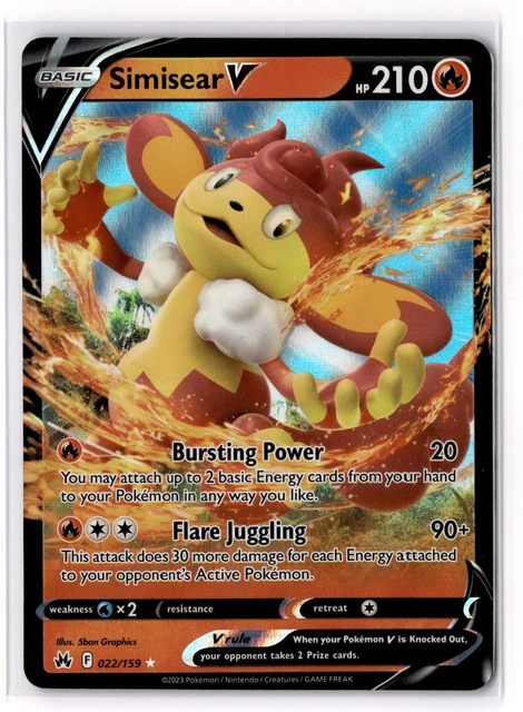 simisear v pokemon card value 022/159 SWSH: Crown Zenith Holo $2.54 [R] Bursting Power (20) You may attach up to 2 basic Energy cards from your hand to your Pokemon in any way you like Pokemon Trading Card Game Crown
