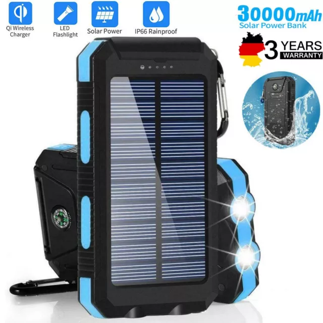 30000mAh Solar Power Bank Charger Ladegerät Externer Batterie LED 2USB Akku DE