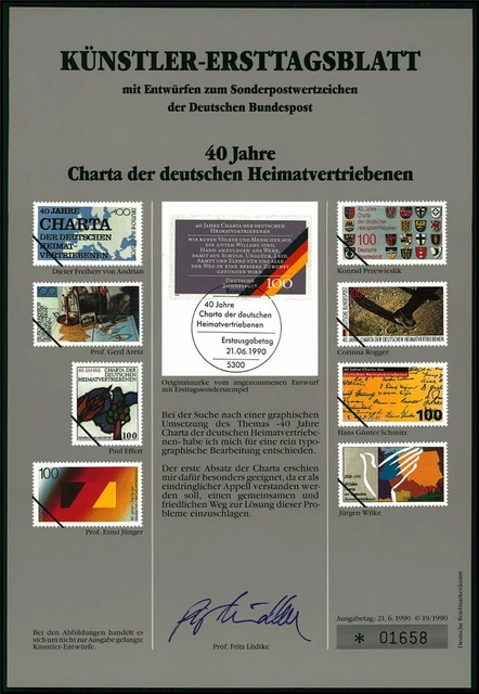 Brd Künstler-Etb 1990/19 Heimatvertriebene Friedens-Taube Pigeon Entwürfe!!
