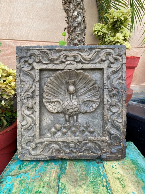 1800's  Ancient Wooden Old Hand Carved Floral Dancing Peacock Rare Wall Panel