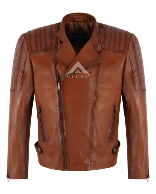 Herren Racer Biker Echtlederjacke Kastanie Wachs gesteppt Motorrad Stil Jacke