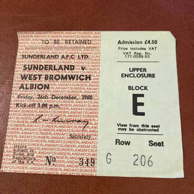 Sunderland v West Bromwich Albion 1980 Ticket