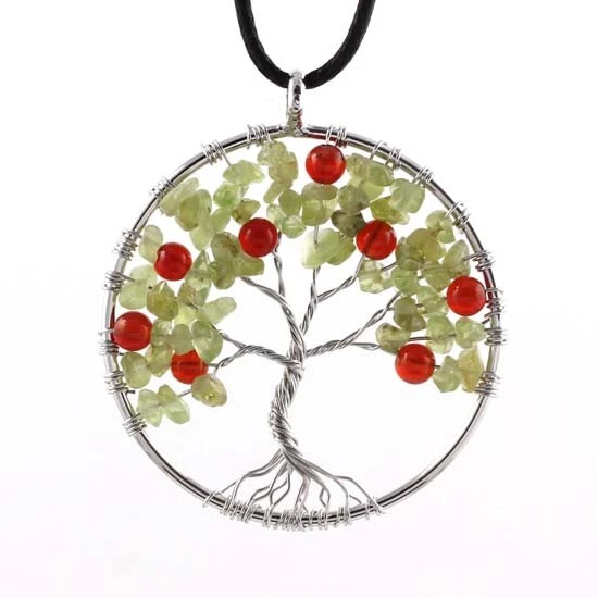 Natural Olivine Gemstone Red Agate Fruit Wire Wrap Tree Of Life Pendant Necklace