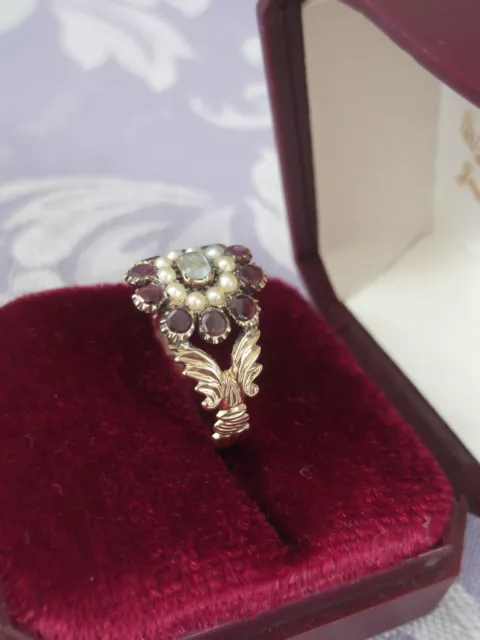 9ct Gold Georgian/Early Victorian Hair Mourning Ring Almandine Garnet/Seed Pearl