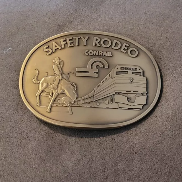 CONRAIL Safety Rodeo Cowboy and Train RR Vintage Indiana Metal Craft belt buckle