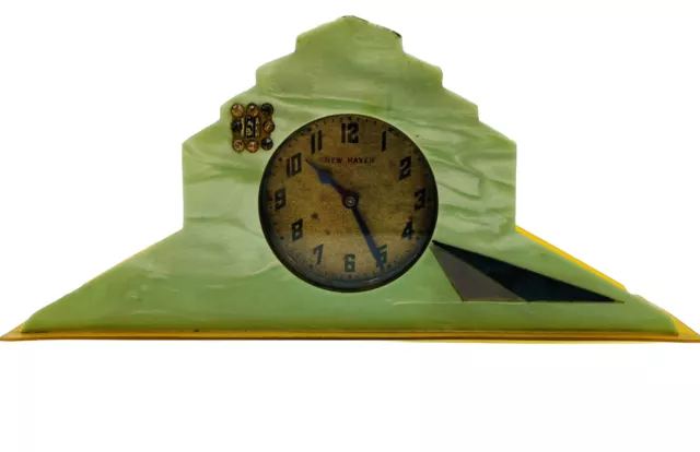 1930’s Mantel Green Clock New Haven Rhinestone Inlay Vintage Art Deco Working