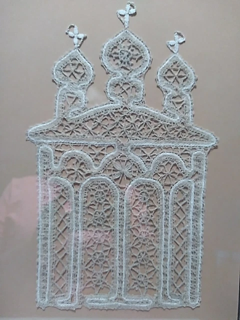 Framed Crochet Onion Dome Church White and Tan ~10.75"x15"