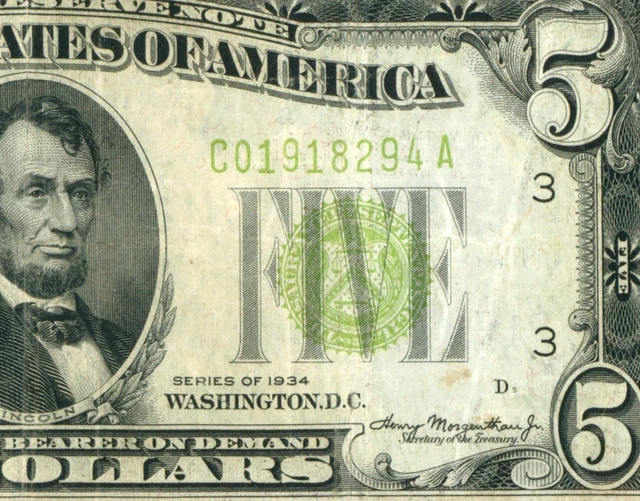 $5 1934 LGS LIME ((LIGHT GREEN SEAL)) Federal Reserve Note (ERASED AND PRESSED)