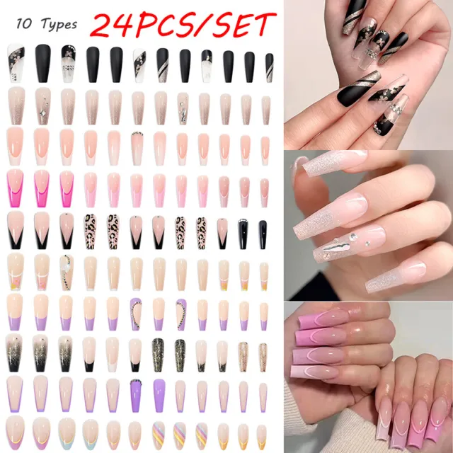 Press On Nails Glue Gel On False Reusable Fake French Nail Tip solid color 24pcs