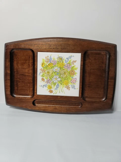 VTG 70s Wood Cutting Board Ceramic Tile Cheese Serving Tray w/ Flowers in Japan