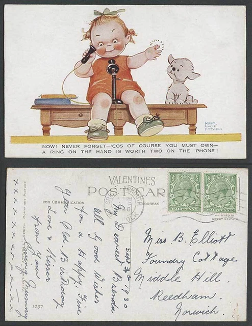 MABEL LUCIE ATTWELL 1930 alte Postkarte antikes Telefon Hund, Mädchen mit Ring 1297