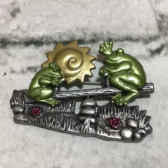 Frogs On A Seesaw DD Signed Marked Pewter Brooch Pin