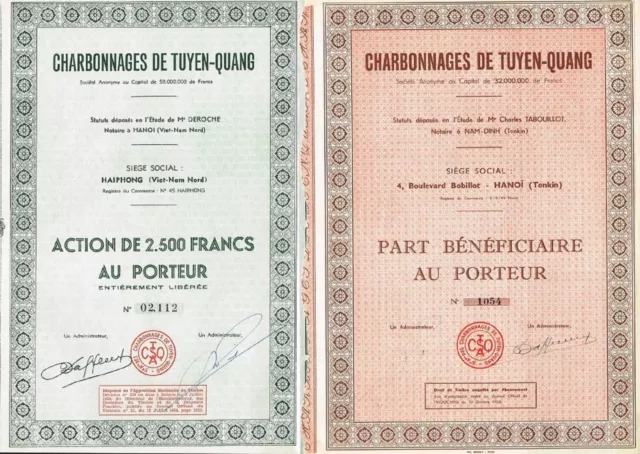 INDOCHINA COAL MINES OF TUYEN-QUANG stock certificates SET OF 2