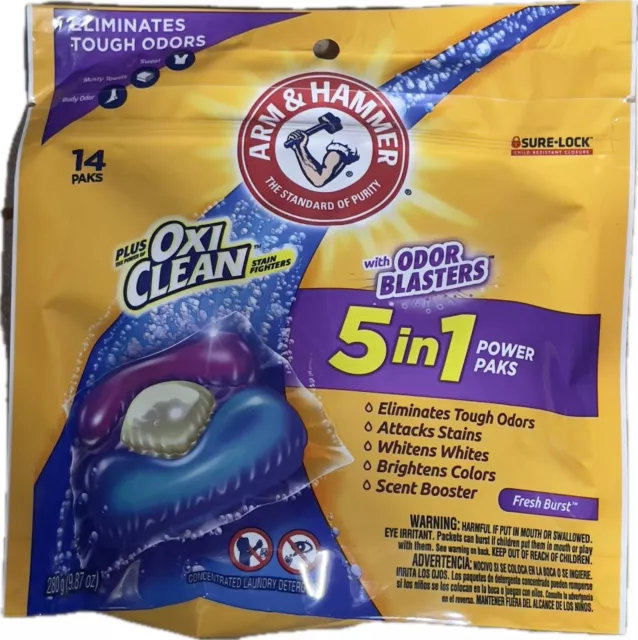 Arm & Hammer Plus Oxi Clean 5-in-1 Power Paks 14 Ct Odor Blasters Fresh Burst