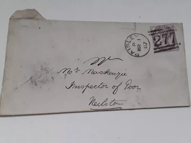 1887 Queen Victoria 1d Lilac Stamp on Envelope PAISLEY Postmark March 1887