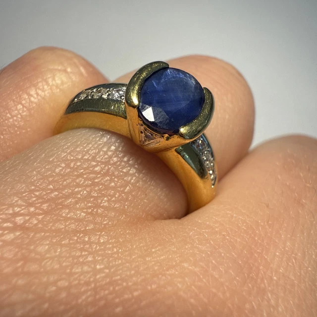 Bague Or Jaune 18 Carats Avec Saphir Et Diamants - Taille 60 - Occasion Très Bon État